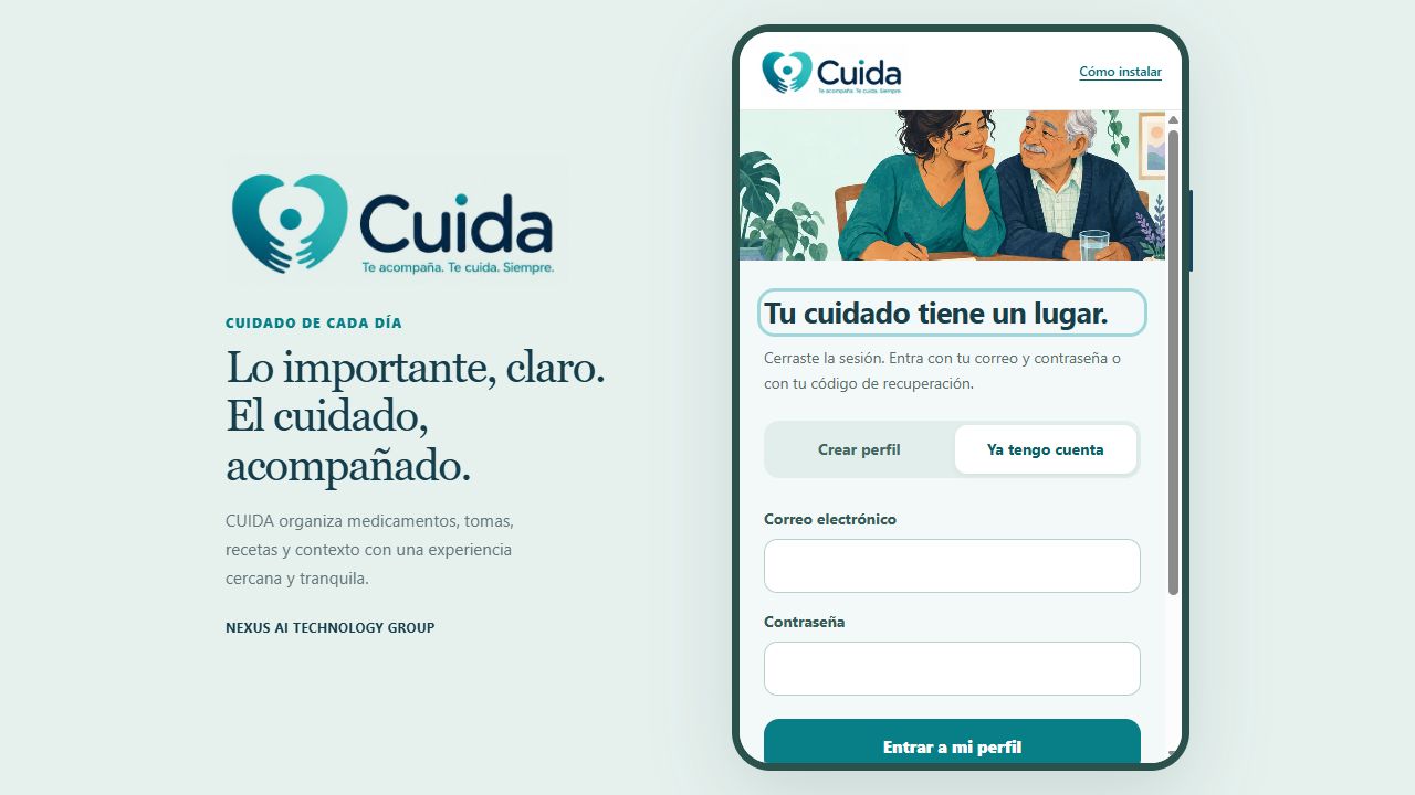 CUIDA — Aplicación real · pantalla de acceso