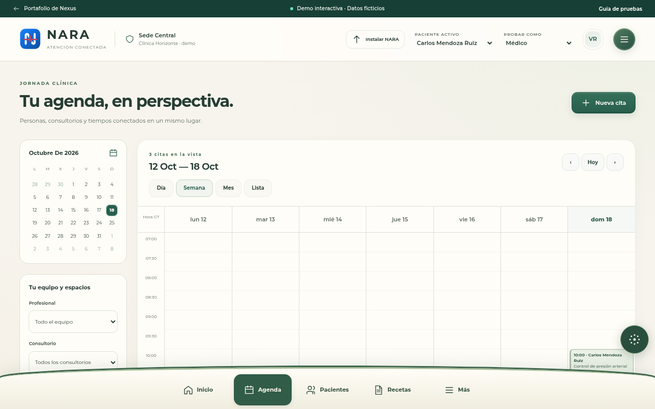 NARA · calendario del prototipo con paleta verde y cálida
