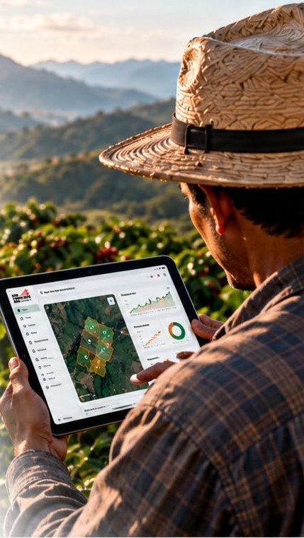 Caficultor consultando Café Rentable AI en una tablet